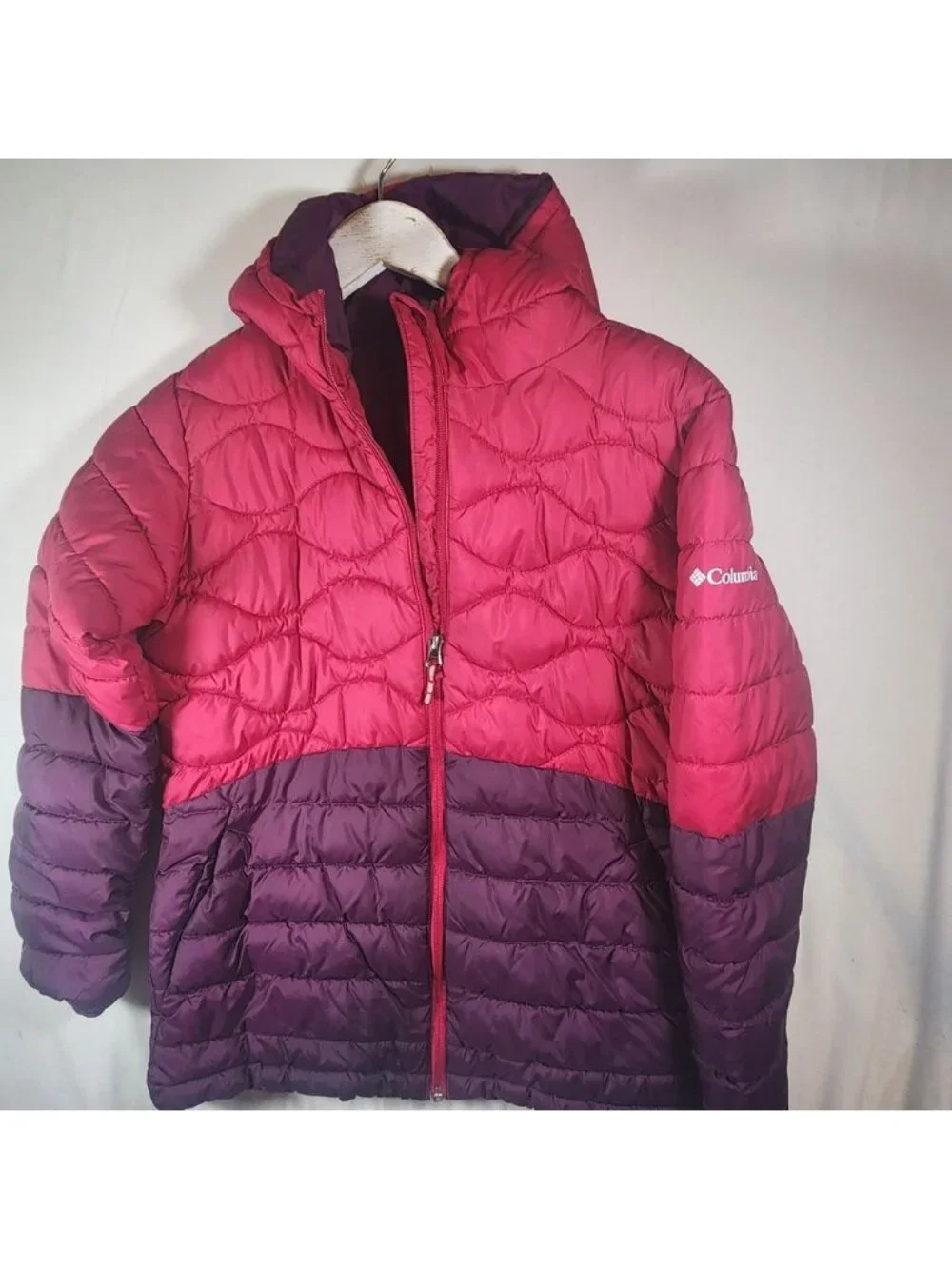 Columbia Sportswear Hooded Puffer Jacket Pink Purple Colorblock XL 18/20 Kids